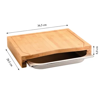A bamboo cutting board with a stainless steel tray underneath, shown with dimensions indicated.