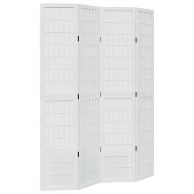A white, four-panel room divider is shown against a white background.