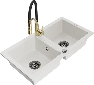 Immagine prodotto di Mexen Mario lavello in granito a 2 vasche con rubinetto da cucina Aster, bianco - 6504-20-73450-57-B