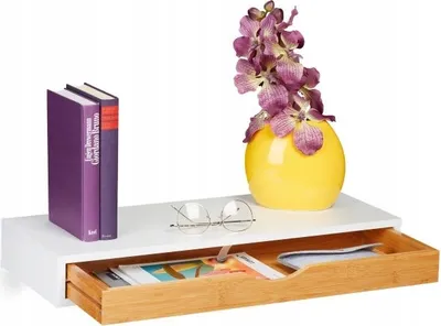 Produktbild von Relaxdays Wandregal mit Schublade aus MDF & Bambus, Skandinavisches Design, 8x60x24 cm, Weiß Natur, für Flur, Wohn- & Arbeitszimmer, vormontiert