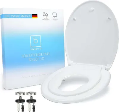 A white toilet seat and its packaging are displayed against a white background.