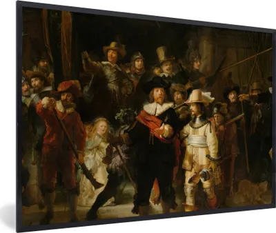 Produktbild von MuchoWow® Gerahmtes Poster Die Nachtwache - Gemälde von Rembrandt van Rijn 90x60 cm - Poster mit Schwarzem Bilderrahmen Wandposter Rahmen Foto Bilder - Fotorahmen - Foto-Plakat