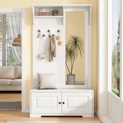Productafbeelding van Kledingkast Met Spiegel - Wit MDF - 100x40x180 cm - Compacte Garderobe - Schoenenkast En Kledingrek