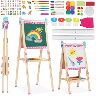 Image de Tableau pour enfants 3-en-1 à double face avec rouleau de papier - Hauteur réglable (95-125 cm)