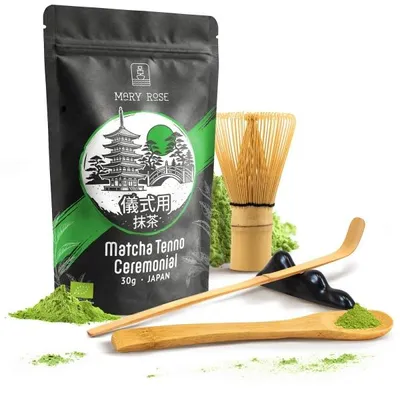 Produktbild von Mary Rose - Matcha Set Zeremoniell Tenno 30g - Japanischer Grüntee aus Erster Frühlingsernte - Bambus Zubehör Mit Chasen Besen