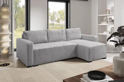 Zdjęcie produktu dla LIKMA Narożnik Szary z Funkcją Spania i Pojemnikiem na Pościel Sztruks Tilia 232x96x145 cm