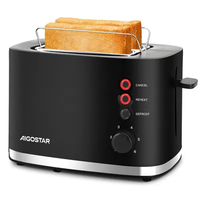 A black toaster with two slices of toast in it, shown from a front-diagonal angle.