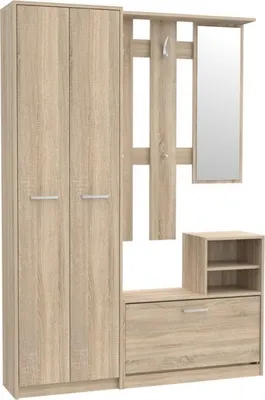 Produktbild von Furniture24 Garderobe NIKO NIKD01 Flurgarderobe, Flur, Dielengarderobe mit 2 Türiger Kleiderschrank, Schuschrank mit 1 Klapptür und Spiegel Sonoma Eiche