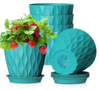 Immagine prodotto di Set di 5 vasi in plastica, diametro 12,7 cm, con sottovaso e fori di drenaggio, colore blu-verde
