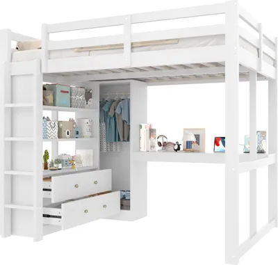 Produktbild von Hochbett mit Schreibtisch, Stauraum, LED-Streifen, Regal, offenem Kleiderschrank, Schubladen, Rausfallschutz und Leiter, Kinderbett, USB, Kiefer