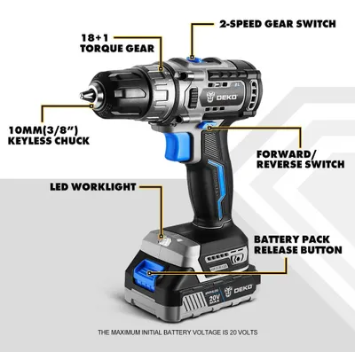 Obrázek produktu pro Akumulátorová vrtačka - Vrtačka - Bezuhlíková - 2 rychlosti - 42 Nm - 20 V - 1 akumulátor - Kombinovaná sada
