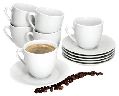 Produktbild von Kaffeetassen mit Untertassen für 6 Personen aus weißem Porzellan-Set für Frühstück und Kaffee