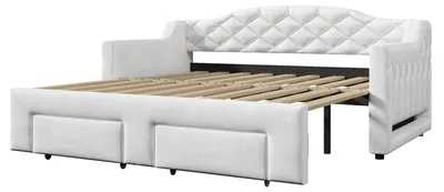 Productafbeelding van Dagbed 90 x 200 tot 180 x 200 cm uitschuifbaar, met 2 lades, LED-verlichting, bekleed, wit