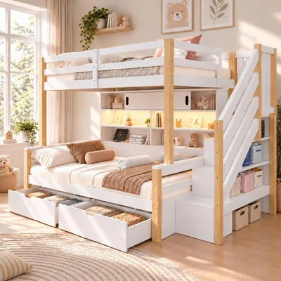 Produktbild von Etagenbett Hochbett Kinderbett 90x200/90x200 cm mit LED, USB-C/USB, Stauraumtreppe, Regalen & Schiebetür, Weiß/Natur, Kiefernholz & MDF, KI-generiertes Bild