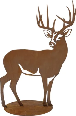 A silhouette of a deer with antlers, made of rusted metal, standing on a circular base.