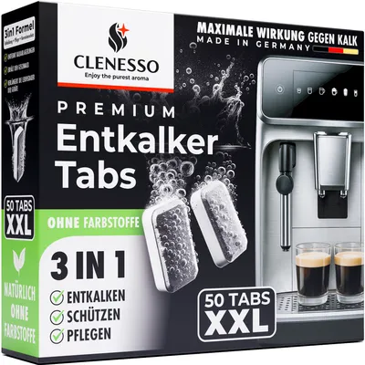 The image shows the packaging of CLENESSO Premium Entkalker Tabs, a descaling product for coffee machines.