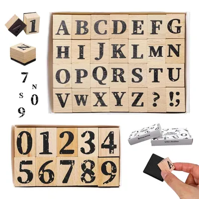 Holzstempel-Set, 38 Stück, Buchstaben & Zahlen, Vintage
