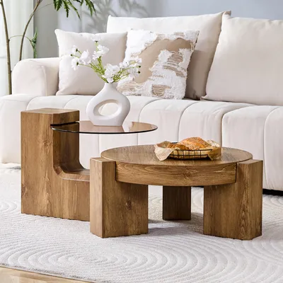 Produktbild von Trennbarer Couchtisch-Set, Holzoptik + braunes Sicherheitsglas, MDF, minimalistisch