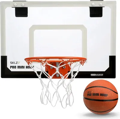 Obrázek produktu pro SKLZ Pro mini basketbalový koš, průhledný, nerozbitný zadní panel, pružinový zadní okraj, robustní síť a míč o průměru 12,7 cm, polstrované úchyty na otevírání dveří, pro kanceláře, ubytovny, 45,7 x 30,5 cm