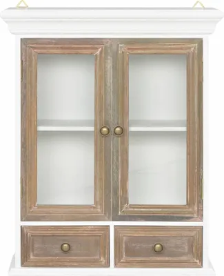 A white wall-mounted cabinet with two glass doors and two drawers, featuring a distressed wood finish on the doors and drawers.