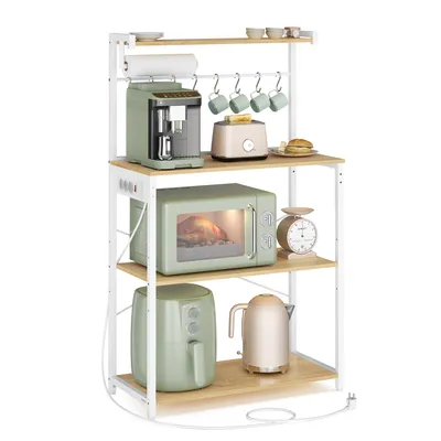 Produktbild von VASAGLE Standregal mit 4 Ebenen, Küchenregal mit Ladestation, 8 Haken, 40 x 80 x 140 cm, goldeichenfarben-weiß