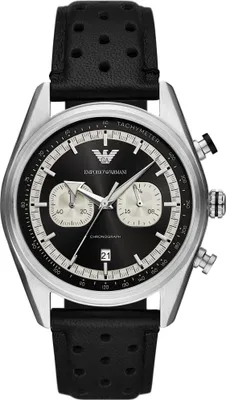A close-up studio shot of an Emporio Armani analog watch with a black leather strap and a black dial.