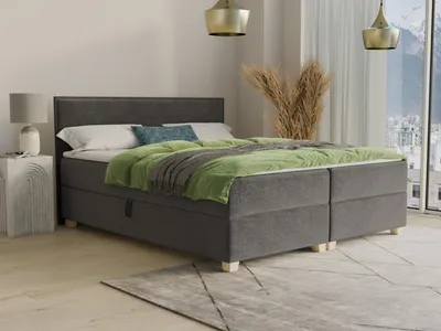Produktbild von Boxspringbett Fren mit 2 Bettkästen - Doppelbett mit Bonell-Matratze und Topper, Polsterbett, Bett mit Holzfüße, Schlafzimmer (Dunkelgrau (Kronos 22), 140 x 200 cm)