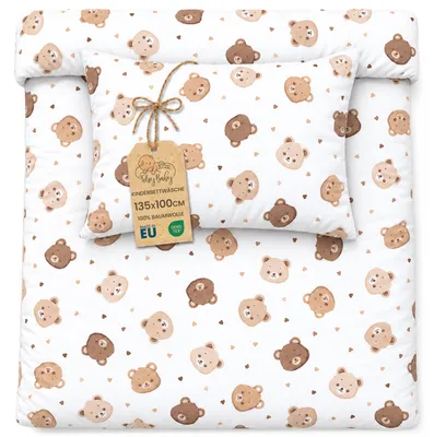 Produktbild von Kinderbettwäsche 100x135 cm Baumwolle Wende Bettbezug Kissenbezug 40x60 Teddygesichter
