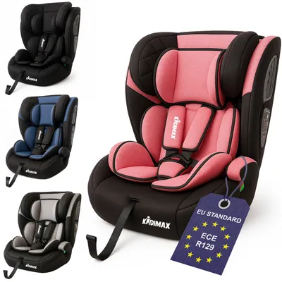 A collage of three different colored car seats, with a close-up of the pink car seat on the right.
