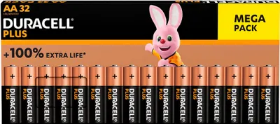 A pack of Duracell AA batteries with a cartoon bunny mascot.