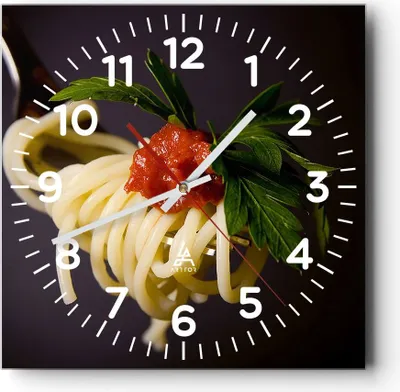 Produktbild von Wanduhr - Quadrat - Glasuhr - Italien pasta spaghetti - 30x30cm - Schleichendes Uhrwerk - Lautlos - zum Aufhängen bereit - Dekoration Modern - Wanddekoration aus Glas - C4AC30x30-1307