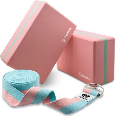 Produktbild von Famanu Yoga Blockset 2 Stück mit Yogariemen [240 cm] - Hochdichte EVA-Schaumstoffblöcke für Anfänger und Fortgeschrittene