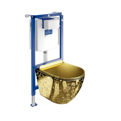 Produktbild von Villeroy&Boch ViConnect H112 Vorwandelement Unterputz WC mit Bedienplatte + Wand Hänge Tiefspül WC Sofi Slim Golden Eye Spülrandlos | WC Komplettset |