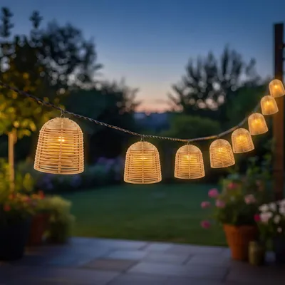 Produktbild von LED Solar Lichterkette 10 Lampions in Rattan Optik mit 7 Funktionen - 380 cm - LED Garten Deko Beleuchtung warm weiß