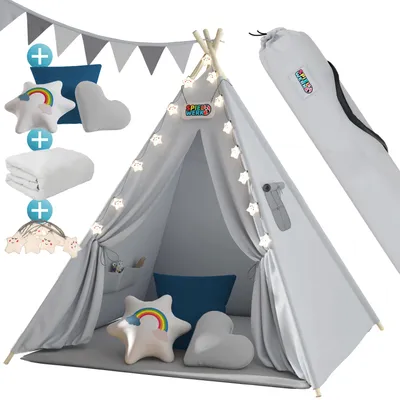 Image de Spielwerk Tipi Enfant Gris avec Coussins & Guirlande Lumineuse