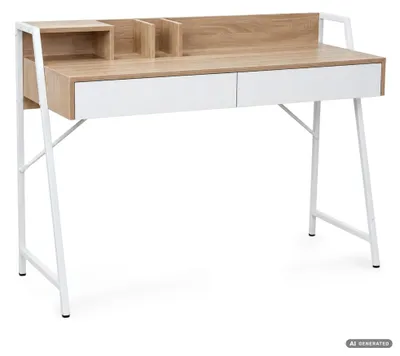 Produktbild von Schreibtisch ORIX Sonoma Eiche 124 cm 2 Schubladen 1 Ablage weiße Beine Industrial-Stil 124x48x91,5 cm