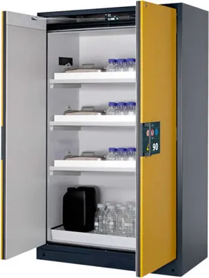 Produktbild von Gefahrstoffschrank - 1.953x1.193x615 mm - 4 Wannenböden PP - Front signalgelb