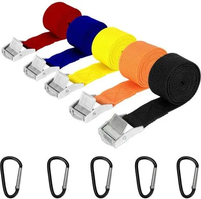 Immagine prodotto di Cinghie di fissaggio per auto e biciclette, 5 pezzi da 25 mm x 1,5 m, multicolori, con moschettoni e cricchetti, per auto, biciclette, moto, bagagli e campeggio.