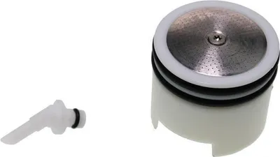 Two parts of a coffee machine brewing head are shown against a white background.