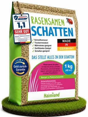 Zdjęcie produktu dla halmland Premium Shade Grass Lawn Seed szybko kiełkujący 1 kg = 40m² | odporny na suszę, wytrzymały, ciemnozielony
