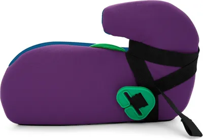 Side view of a purple child car seat with blue accents and green plastic clips.