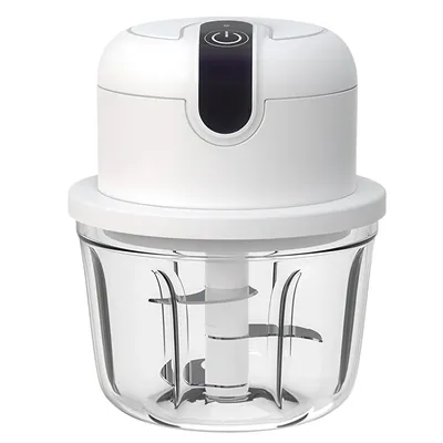 A white electric food chopper with a clear glass bowl and stainless steel blades, shown against a white background.