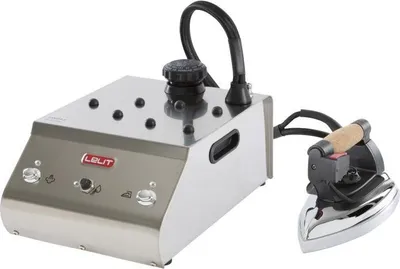 A steam iron and its base unit are shown against a white background.