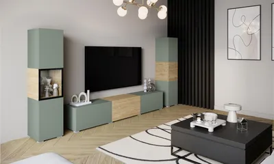 Productafbeelding van MINIO wandmeubel BRELA III, 3-delig, TV-meubel met vitrine en kast - Nevelgroen / Geolied eikenhout