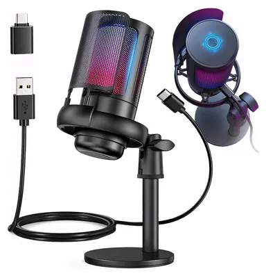 Obrázok produktu pre Herný mikrofón PC s ramenom, USB mikrofón pre MAC PS4 PS5 s tlačidlom stlmenia, konektorom pre slúchadlá, pop filtrom, kardioidný kondenzátorový mikrofón, Retoo