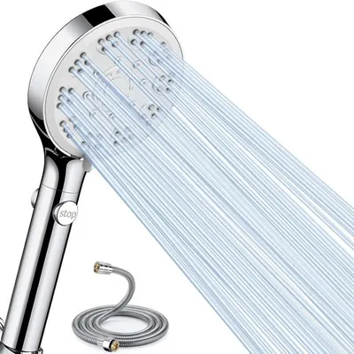 Produktbild von Duschkopf mit Schlauch 1,5 m, wassersparend, 5 Strahlarten, Stopp-Funktion, Antikalk-Funktion, Chrom