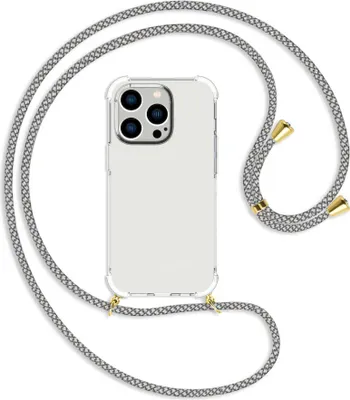 Produktbild von Handykette Backcover-Schutzhülle mit Band (Metall goldfarben) für Apple iPhone 14 Pro (6.1'') - weiß/grau kariert