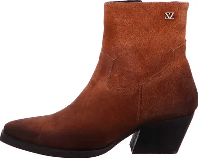 A single brown suede western boot is shown against a white background.