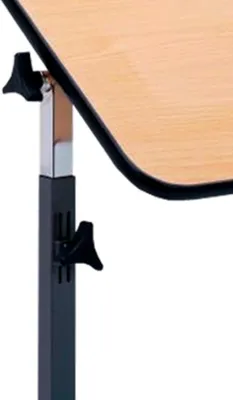 A close-up of an adjustable table with a wooden surface and black and silver metal components.