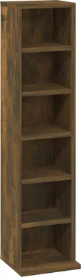 A tall, narrow, brown wooden shelf unit with six shelves.